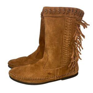 Minnetonka Womens Fringed soft Suede Moccasin Boots Size 8 boho western tribal
